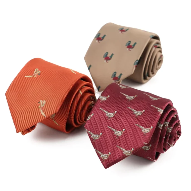 Burgundy-Custom-Pheasant-Bird-Animal-Pattern-Tie-Mens-Brown-Orange-Polyester-Rooster-Ties-Woven