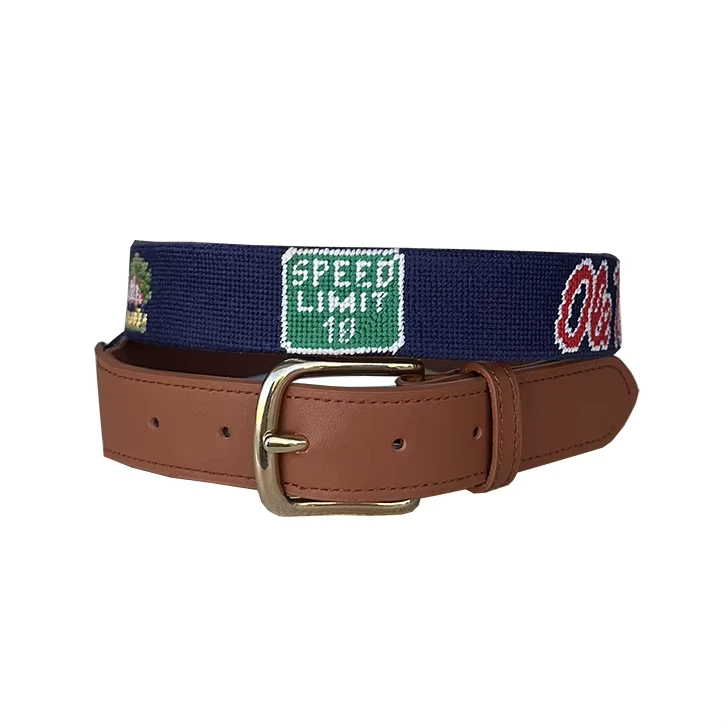 Campus-Blue-Handmade-Cow-Hide-Needlepoint-Leather-Belt-with-Embroidered-Design-Business-Casual-Use-Custom-Length-Copper-Buckle