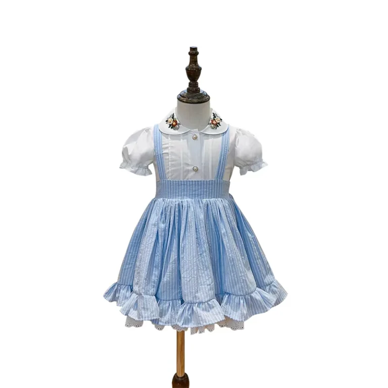 Children-Blue-Embroidery-Dress-100-Cotton-Yarn-Dyed-Fabric-Square-Neck-Puff-Sleeve-School-Uniform