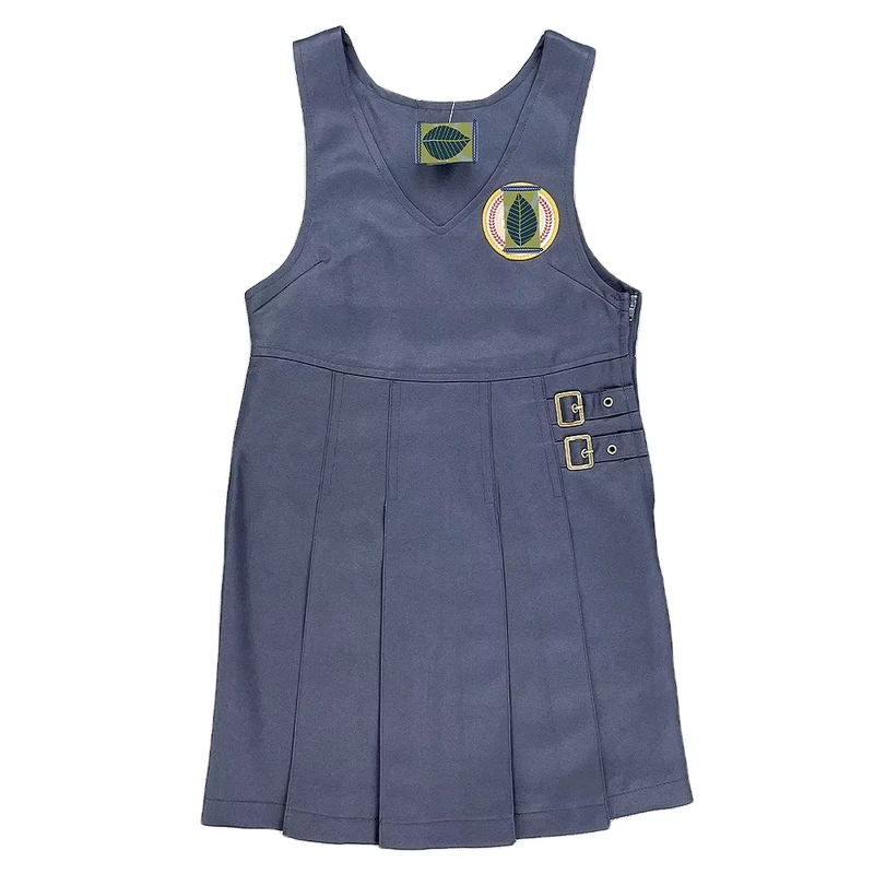 Children-Kids-Girls-Plain-School-Uniform-Front-Zip-Pinafore-Two-Button-Pleated-Dress-Sleeveless-Jumper-Pinafore