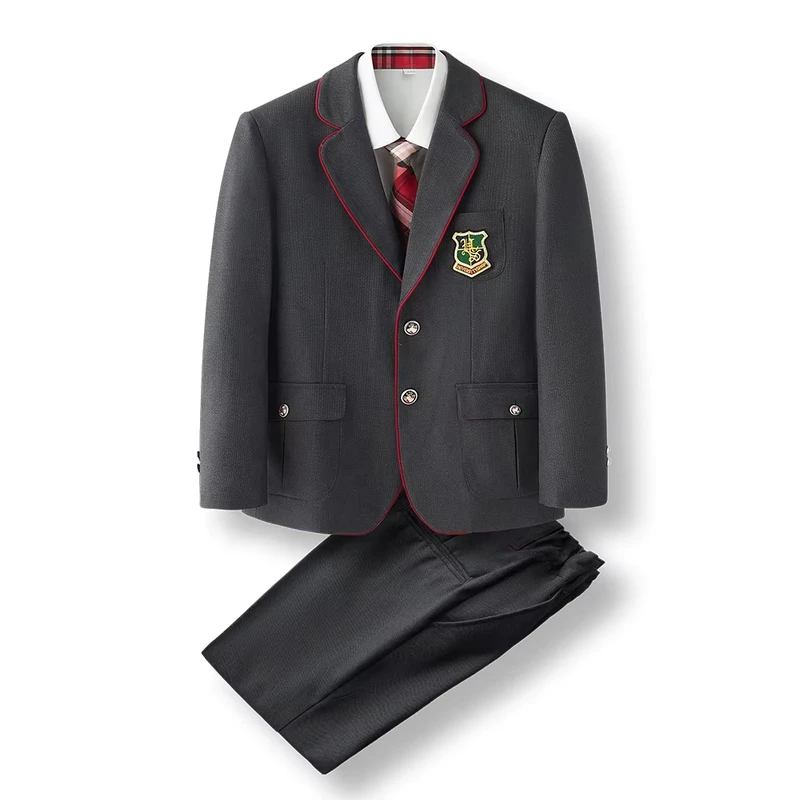 Children-Unisex-Grey-Color-School-Uniform-Blazer-Plaid-Skirt-Pants-Sets-Single-Breasted-Pocket-Decoration-Embroidery