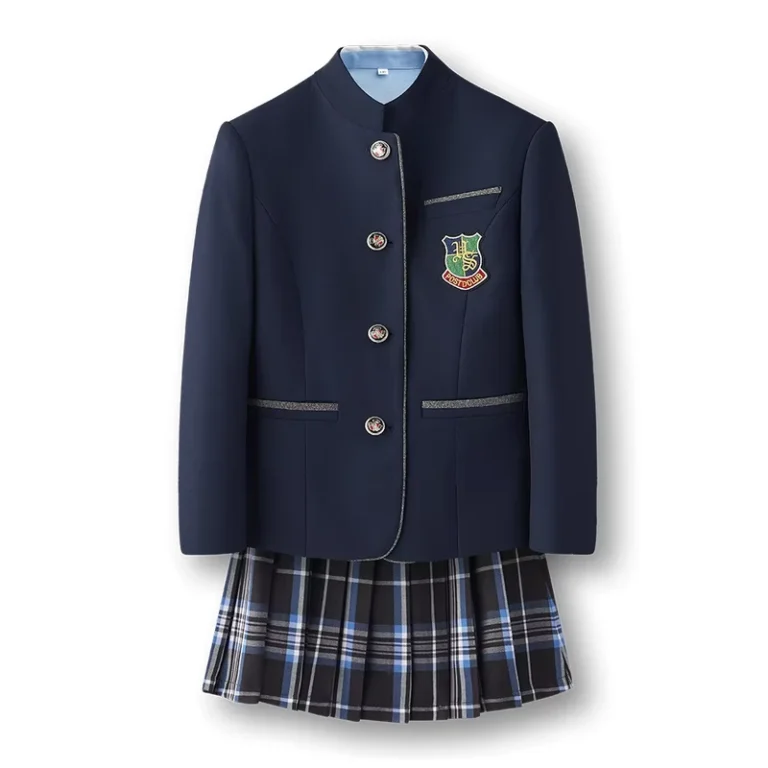 Children-Unisex-Navy-Blue-Mandarin-Collar-Blazer-Skirt-Pants-School-Uniform-Sets-TR-Fabric-Piping-Decoration