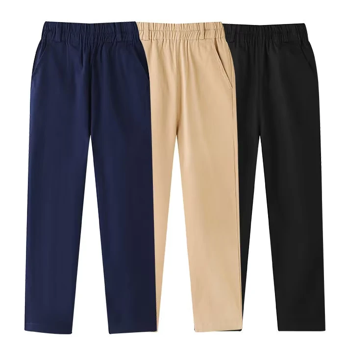 Childrens-Boys-Girls-Khaki-Navy-Black-Solid-Elastic-Waist-Mid-Rise-100-Cotton-School-Straight-Uniform-Pants-Formal