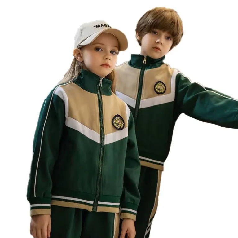 Childrens-Dark-Green-Color-Block-Zipper-Sports-Suit-Custom-Design-Boys-and-Girls-School-Uniforms