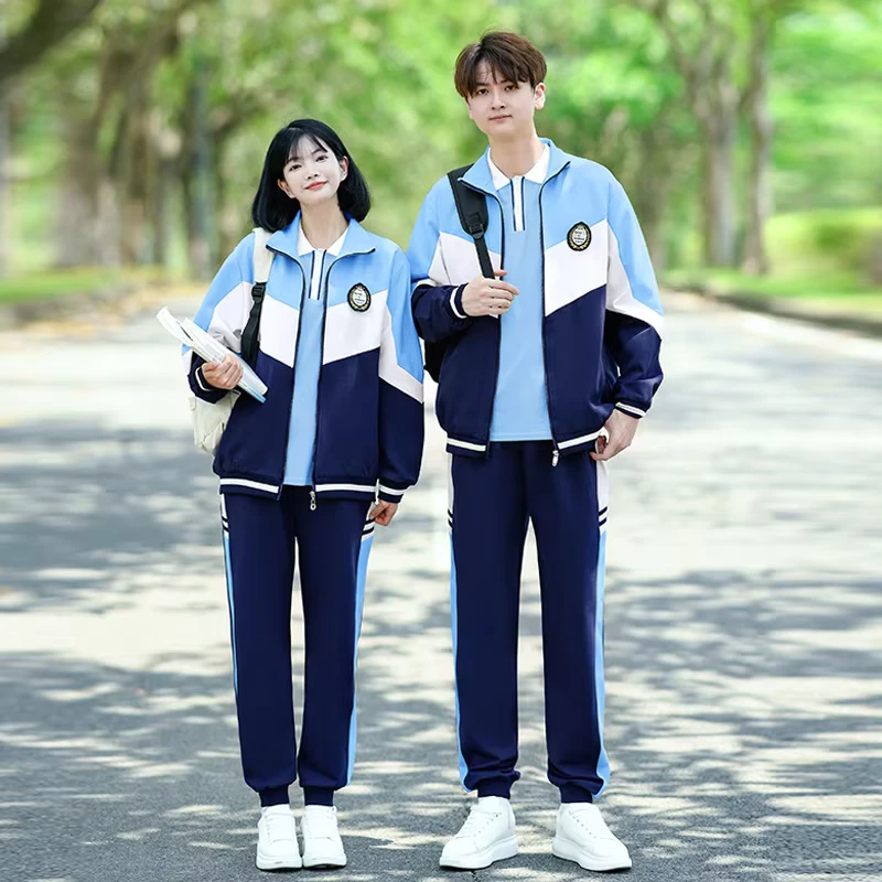 Childrens-High-School-Uniform-College-Style-Short-Sleeve-Three-Piece-Set-Unisex-Autumn-Blue-Polyester-Jacket-School-Sports-Meet