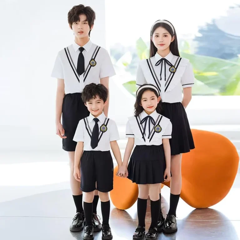 Childrens-Korean-Girls-White-Polo-Shirt-With-Blue-Skirt-Boys-Primary-High-School-Uniforms