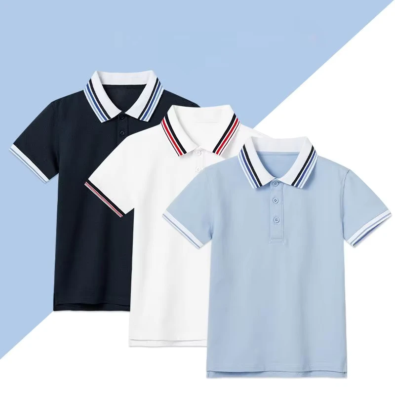 Childrens-Light-Blue-Cotton-Polo-Shirts-Navy-Collar-Short-sleeve-School-Uniforms-for-Primary-Students-Childrens-Suit