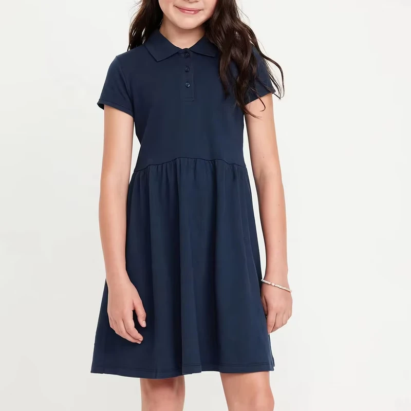 Childrens-Primary-School-Girls-Flat-Knit-Collar-Polo-Dress-Comfortable-School-Uniform