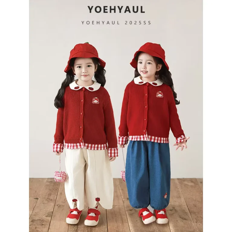 Childrens-Red-Cardigan-Sweater-with-Plaid-Stitching-and-Embroidered-Logo