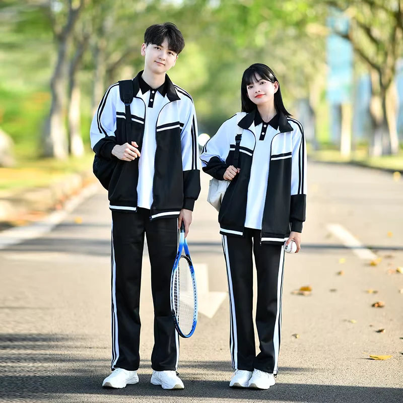 Childrens-Unisex-High-School-Uniform-Three-piece-Set-Autumn-College-Style-Black-White-Polyester-Jacket-Sports-Meeting-Uniform
