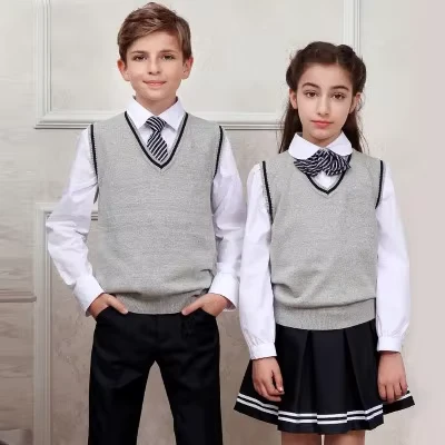 Childrens-Unisex-School-Uniform-Boys-Girls-Sleeveless-Vest-V-Neck-Pullover-Knit-Sweater-Customized-Wool-Acrylic-Embossed