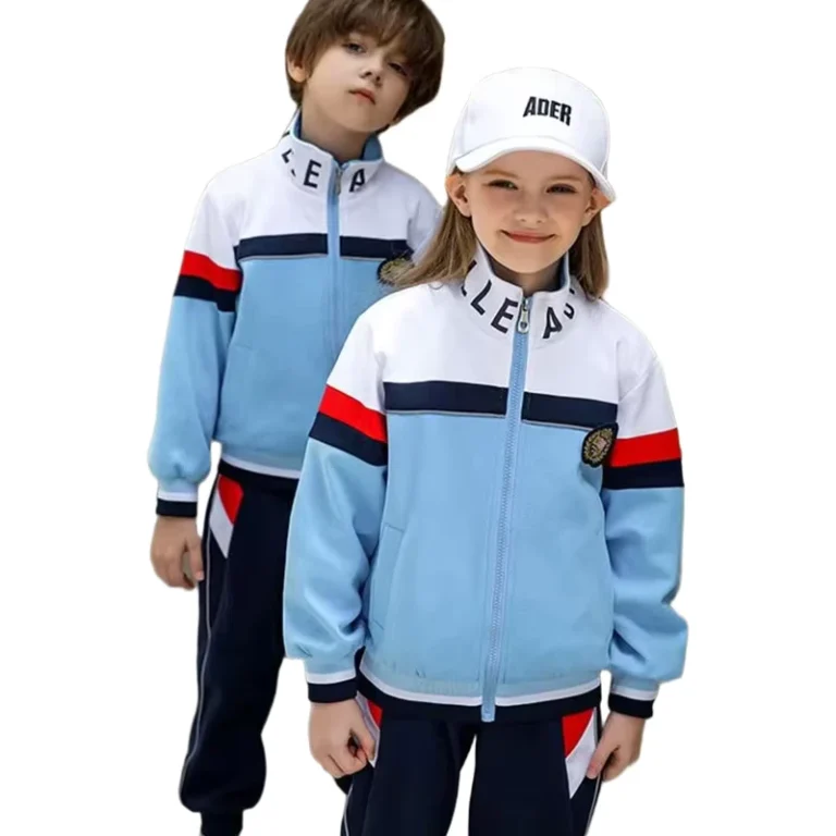 Childrens-Vintage-Sport-Set-Jacket-Pants-Stripes-Sleeve-Stand-Up-Collar-with-Blue-Lining-Custom-Logo-Print-School-Uniform