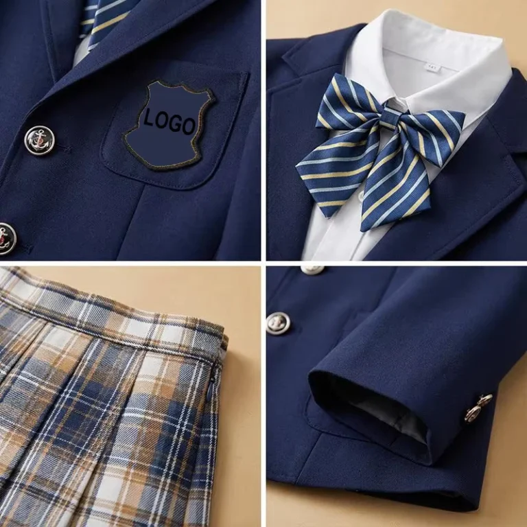 Classic-British-School-Uniform-for-Girls-Navy-Blazer-Plaid-Pleated-Skirt-and-Blue-White-Striped-Bow-Tie