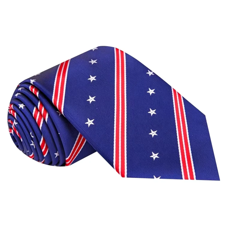 Classic-Mens-Designer-Polyester-Ties-with-Customized-Blue-Background-Red-Stripes-Star-Pattern-Durable-Eco-Friendly