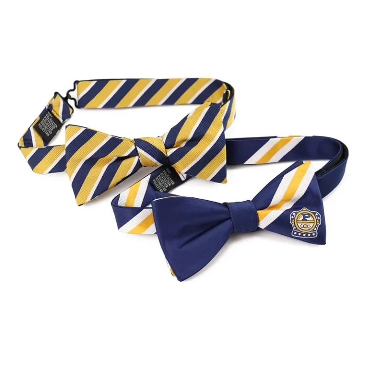Classic-Striped-Design-Blue-Yellow-Polyester-Bowtie-Jacquard-Woven-Logo-Pre-Tied-Custom-Bow-Ties-for-Men