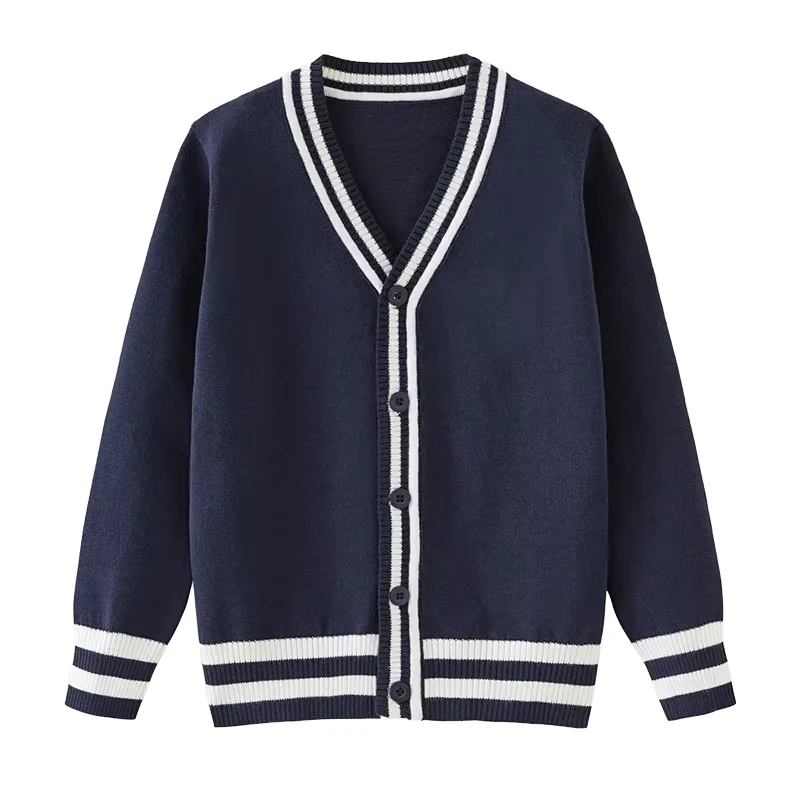Classic-V-Neck-Knit-Cardigan-Kids-Boys-Girls-School-Uniform-with-Striped-Rib-Collar-Cuffs-Hem-Autumn-Winter-Long-Sleeve-Sweater