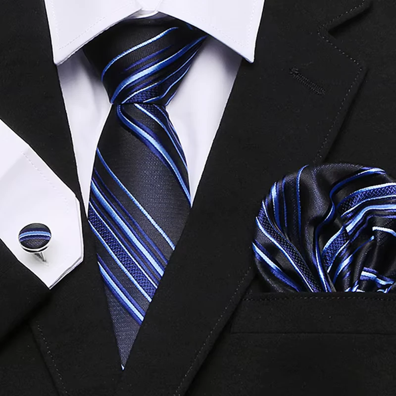 Classic-WOVEN-Necktie-With-Handkerchief-Cufflinks-Formal-Stripe-Men-Ties-Set