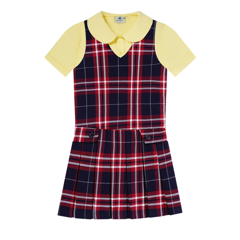 Classroom-Wear-Yellow-Short-Sleeve-Shirts-Gray-Dress-Uniform-School-Uniform-Girls-Pinafores-Shirt-Set-Kid-Children-Clothes-Set