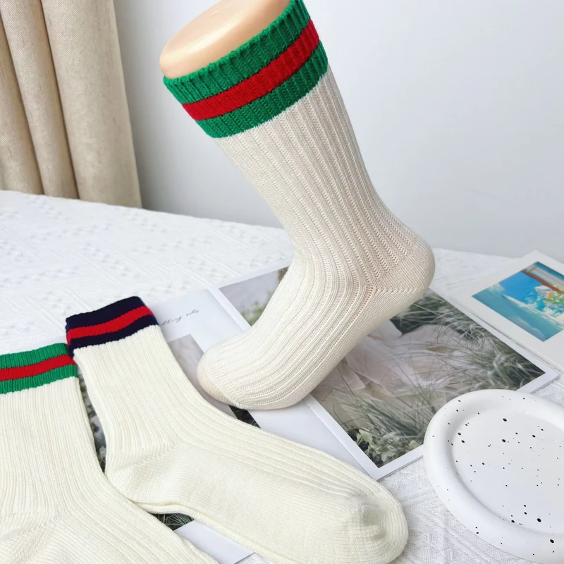 Cmax-Custom-Green-and-White-Striped-Long-School-Socks-with-Double-Stripes-Winter-Knitted-Socks-with-Bottom-Body-Logo-Cuff-Logo