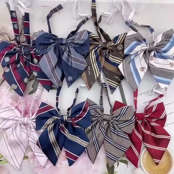 Coffee-Stripe-Badge-Bow-Tie-JK-DK-School-Student-Uniform-College-Style-Korean-Version-Plaid-Bow-Tie-Collar-Flowers