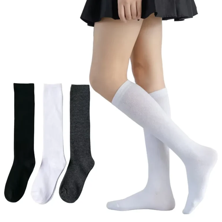 Cotton-Knee-High-Socks-Plain-White-Black-School-Uniform-for-Girls-Breathable-Knitted-Daily-Usage-Autumn-Appropriate