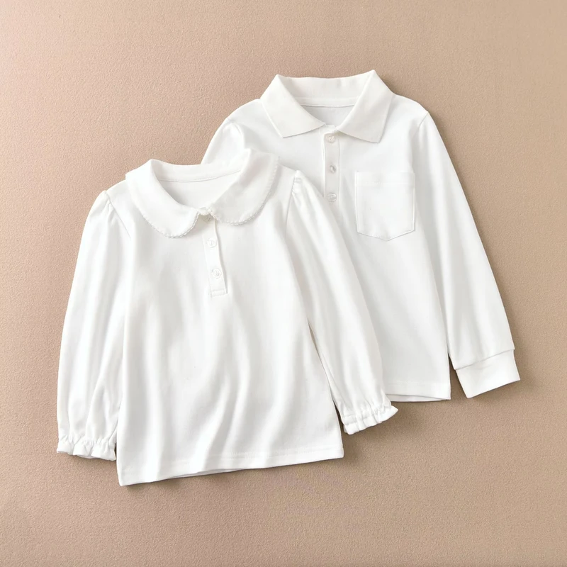 Cotton-Knitted-School-Uniforms-Performance-Costumes-Moisture-Wicking-Long-Sleeve-Polo-T-shirts-Children-White-Student-Base