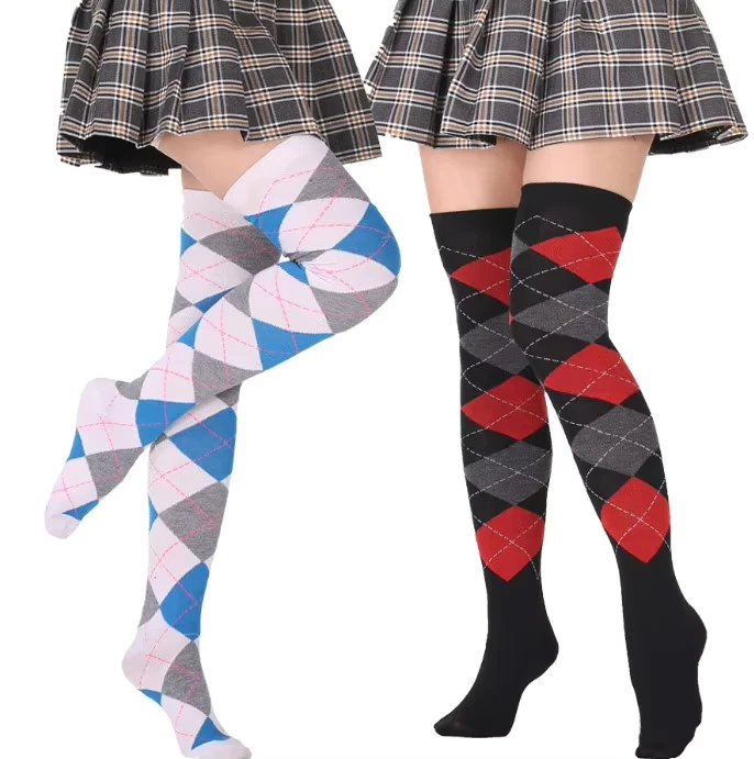 Cotton-Socks-Women-Argyle-British-Style-Winter-Custom-logo-School-Uniform-Stockings-Long-Over-the-Knee-Socks