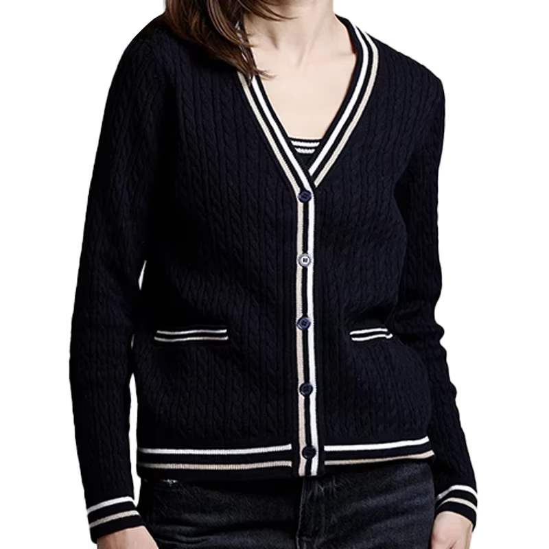 Custom-100Cotton-Women-Knit-Cardigan-Cable-Button-up-Knitwear-High-Quality-12GG-Spring-Fall-OEM-Sweater-V-neck