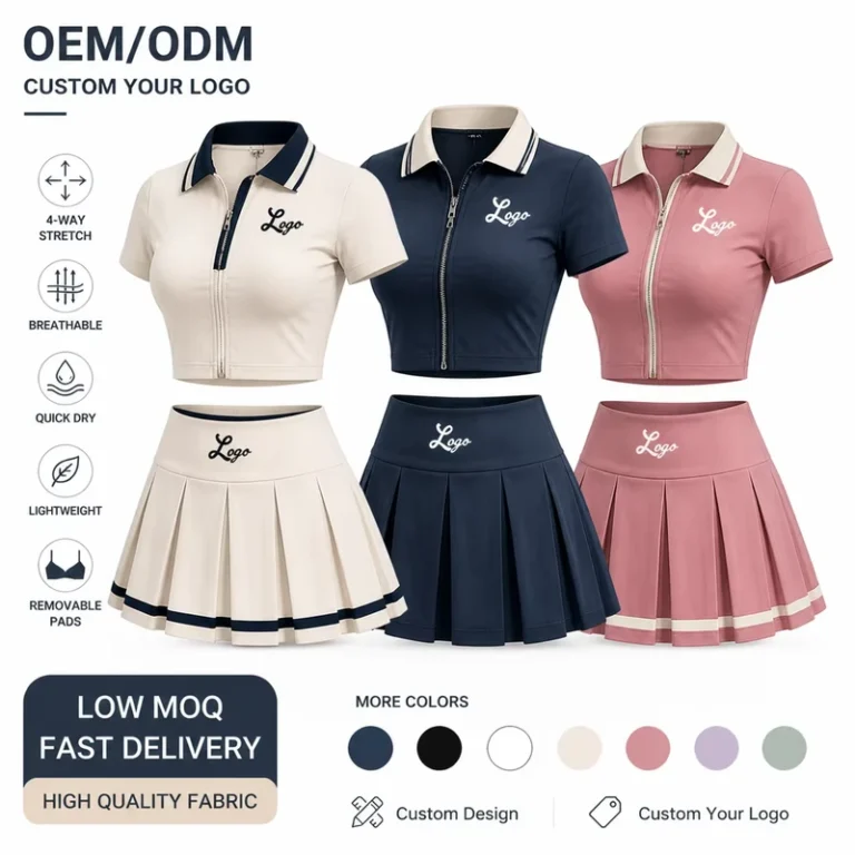 Custom-2-Piece-Set-Women-Sportswear-Set-Gold-Zipper-Yoga-Jacket-Short-Skirt-Headband-for-Gym-Workout-Activewear