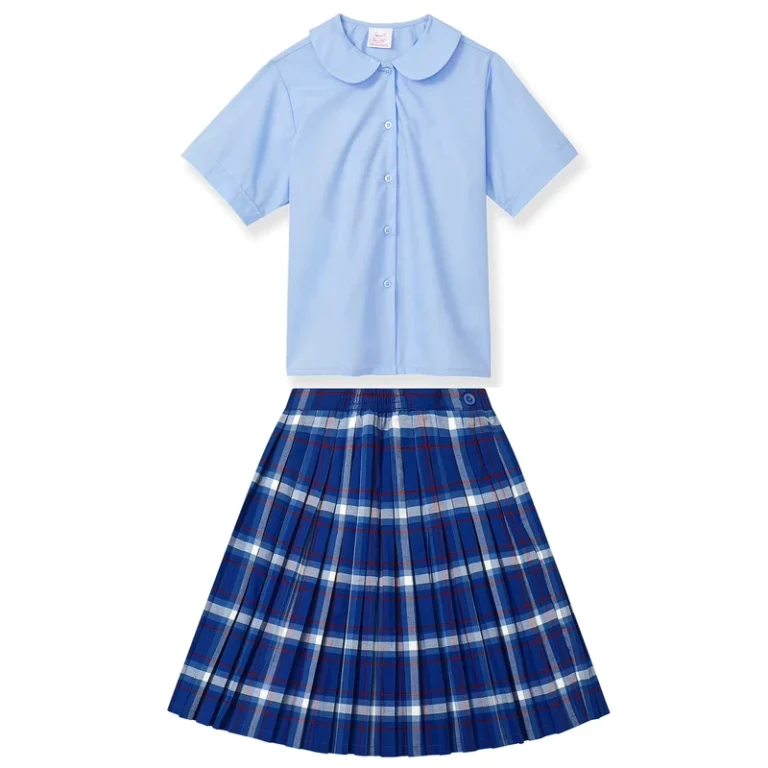 Custom-Brand-Logo-Blue-Shirt-Short-Sleeved-Skirt-Dress-School-Uniform-Set-Blouse-Plaid-Skirt-Set-for-Girls-Student-Clothes-Set