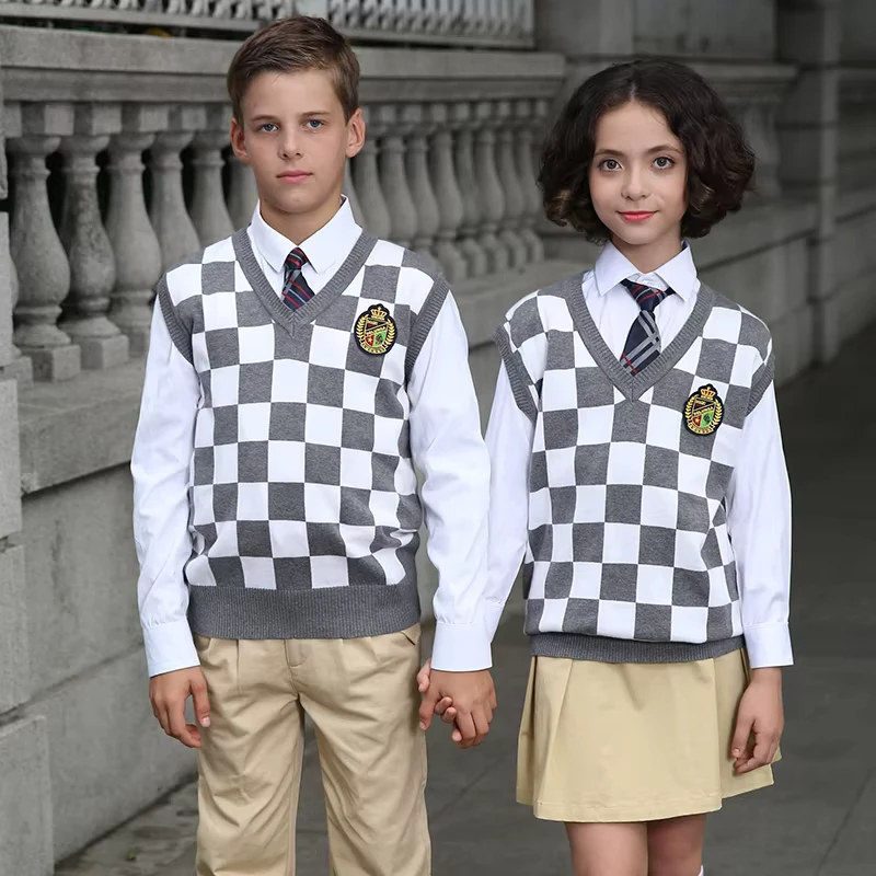 Custom-British-Style-Plaid-Knitted-Primary-School-Uniform-Vest-Kids-Pullover-Sweater-OEM-Available-Unisex