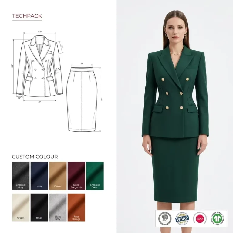 Custom-Combed-Premium-Wool-Double-Breasted-Skirt-Suit-Hourglass-Silhouette-Gold-Buttons-Peak-Lapel-Blazer-Pencil-Skirt-Suits-Set