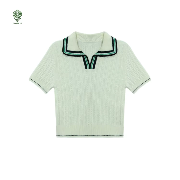 Custom-Cosy-Summer-Short-Sleeve-Polo-Shirt-Collar-Slim-Fit-Varsity-Cable-Pure-Cotton-Knitted-Pullover-Womens-Sweater