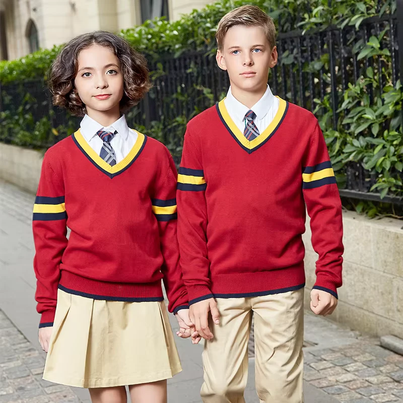 Custom-Designed-Red-Pullover-Cardigan-Sweater-100-Cotton-Primary-School-and-Kindergarten-Uniform-for-Children
