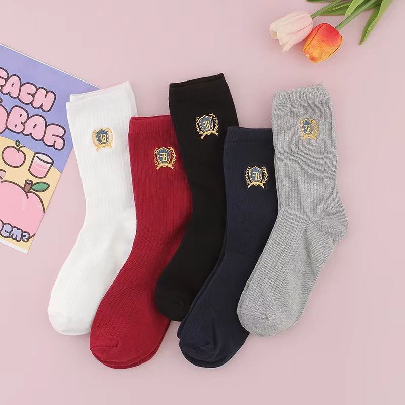 Custom-Embroidered-Double-Needle-Cotton-School-Socks-for-Kids-Breathable-Knitted-Uniform-for-Children-Casual-Style