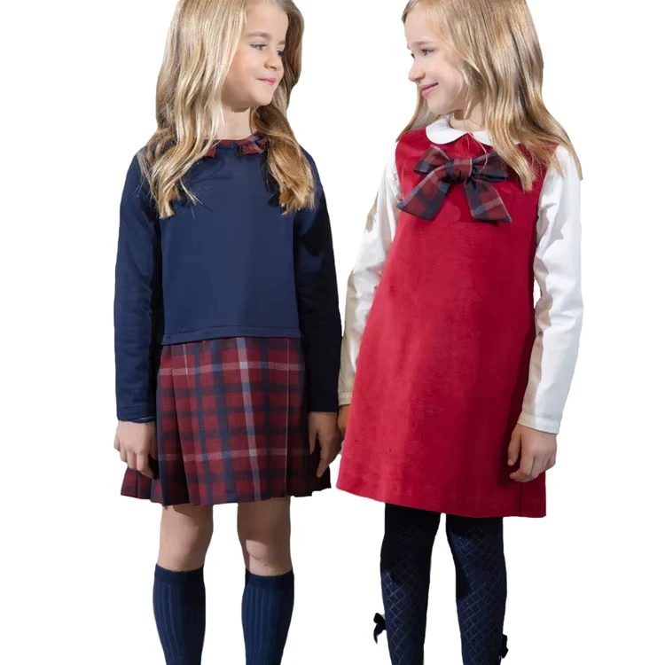 Custom-Fashion-Classic-School-Uniform-Long-Sleeve-Girl-Dress-Plaid-Kids-Clothes-Girls-Dresses-With-Bow