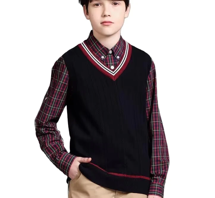 Custom-Fashion-Cotton-School-Boys-Knitting-V-neck-Sleeveless-Sweater-Vests-Uniforms