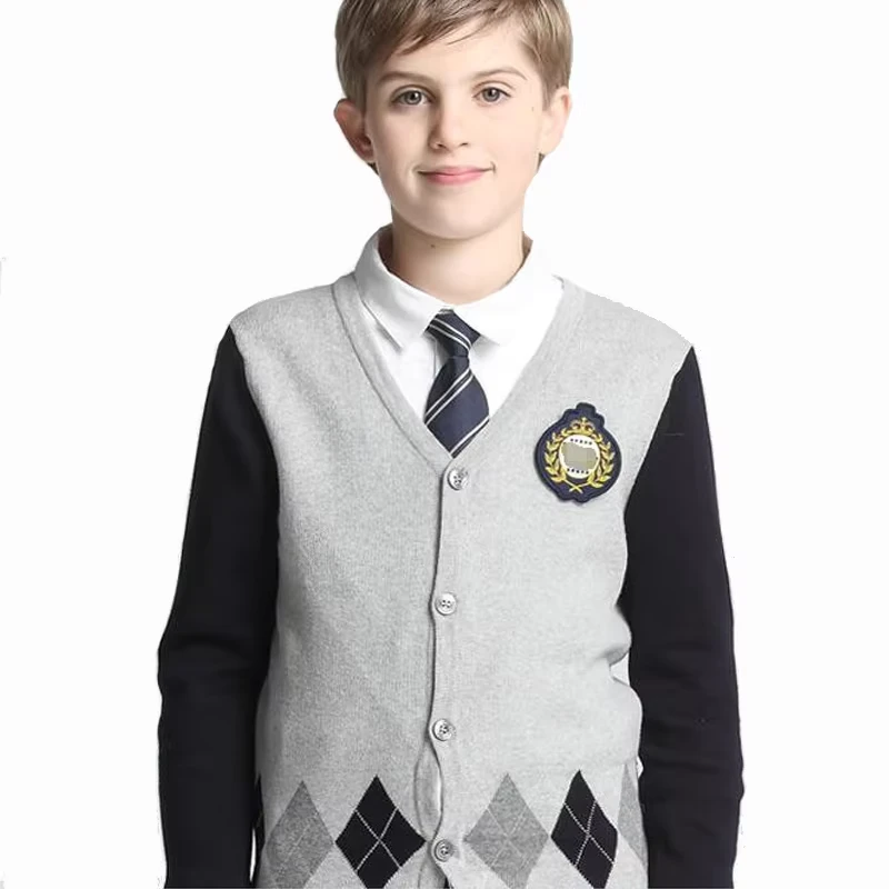 Custom-Fashion-School-Uniform-Vest-English-Style-Cotton-Knitting-V-neck-Long-Sleeves-Child-Cardigan-Sweater