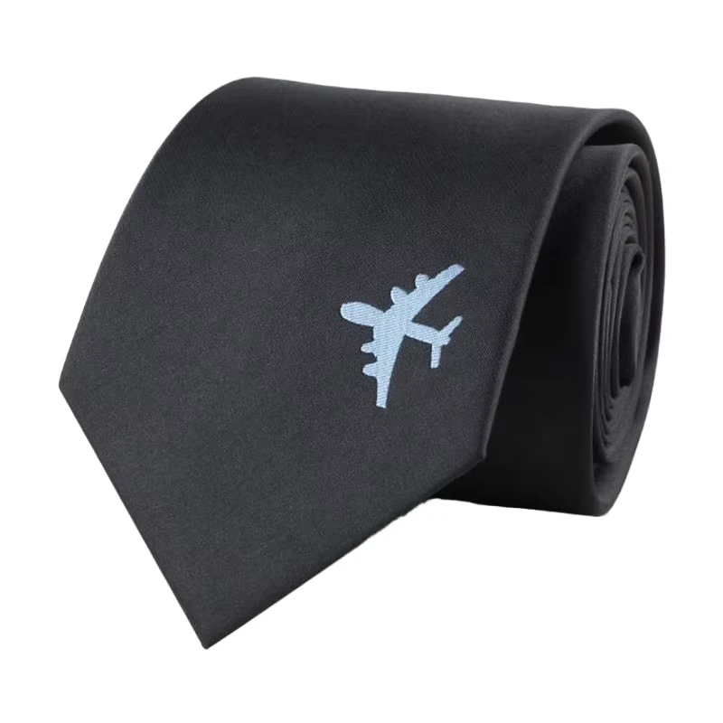 Custom-Fashion-Solid-Black-Polyester-Necktie-for-Men-Classic-Style-with-Airplane-Logo-Personalized-Ties