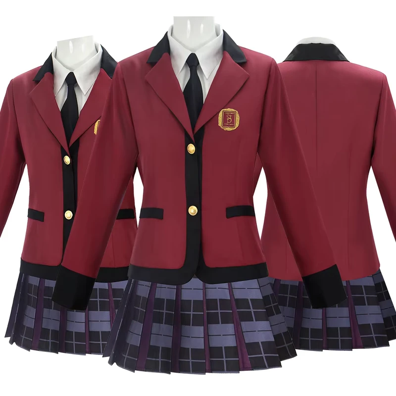 Custom-Female-High-School-Class-Uniform-Set-Red-Blazer-White-Shirt-Purple-Plaid-Skirt-Tie-4-Piece-Group-Wear