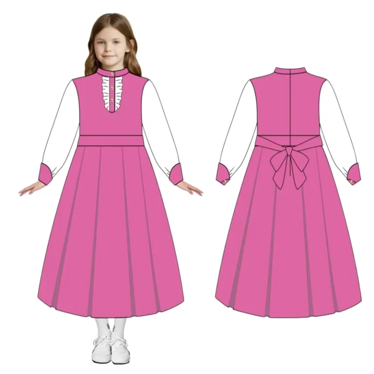 Custom-Girls-School-Uniform-Stand-Collar-Ruffle-Front-Pleated-Modest-Style-Long-Dress-for-Girls