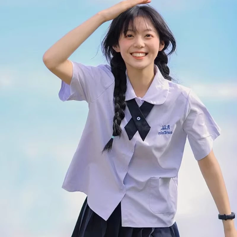 Custom-High-School-Uniforms-Thai-style-Shirts-Light-Purple-Short-Sleeved-Dark-Blue-Mini-Skirts-Capris