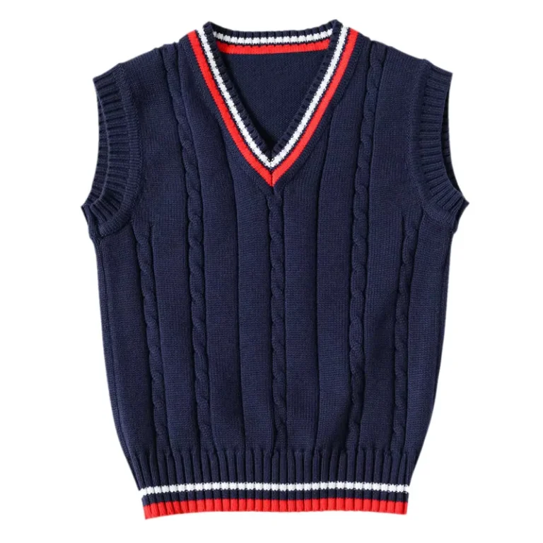 Custom-Kids-Striped-V-Knitted-Student-Vest-Pullover-Tops-School-Uniform-Sweaters