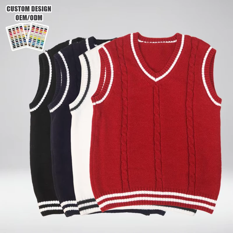 Custom-Knit-Unisex-Sweater-Manufacturer-Autumn-Polyester-Knit-Vest-School-Knitwear-Pullover-Sweater-Vest-Girls