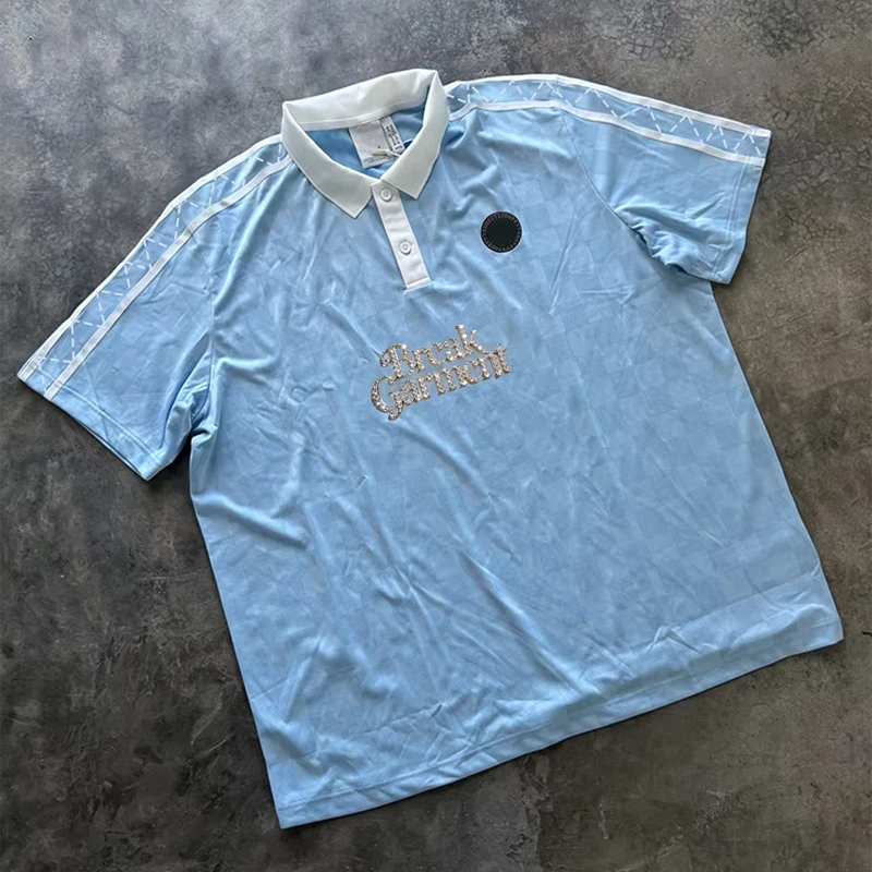 Custom-Logo-Blue-Patchwork-Half-Zipper-Spain-Football-Shirt-Retro-Soccer-Jersey-V-Neck-Collar-Knit-Men-Polo-Jersey-T-Shirt
