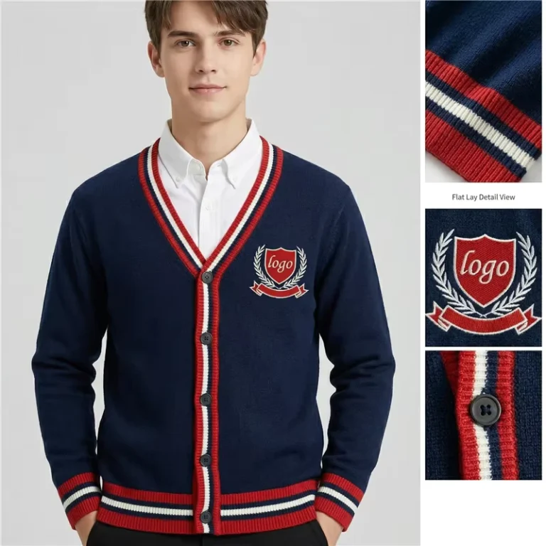 Custom-Logo-Mens-School-Uniform-Varsity-Cardigan-Striped-V-Neck-Button-Up-Knit-Sweater-Supplier