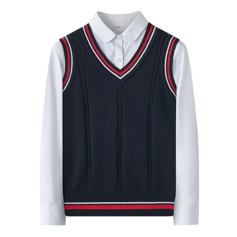 Custom-Logo-Unisex-School-Uniform-Sweater-Vest-V-Neck-Knitted-with-Cotton-Material-Grey-Navy-Blue-Color-for-Children