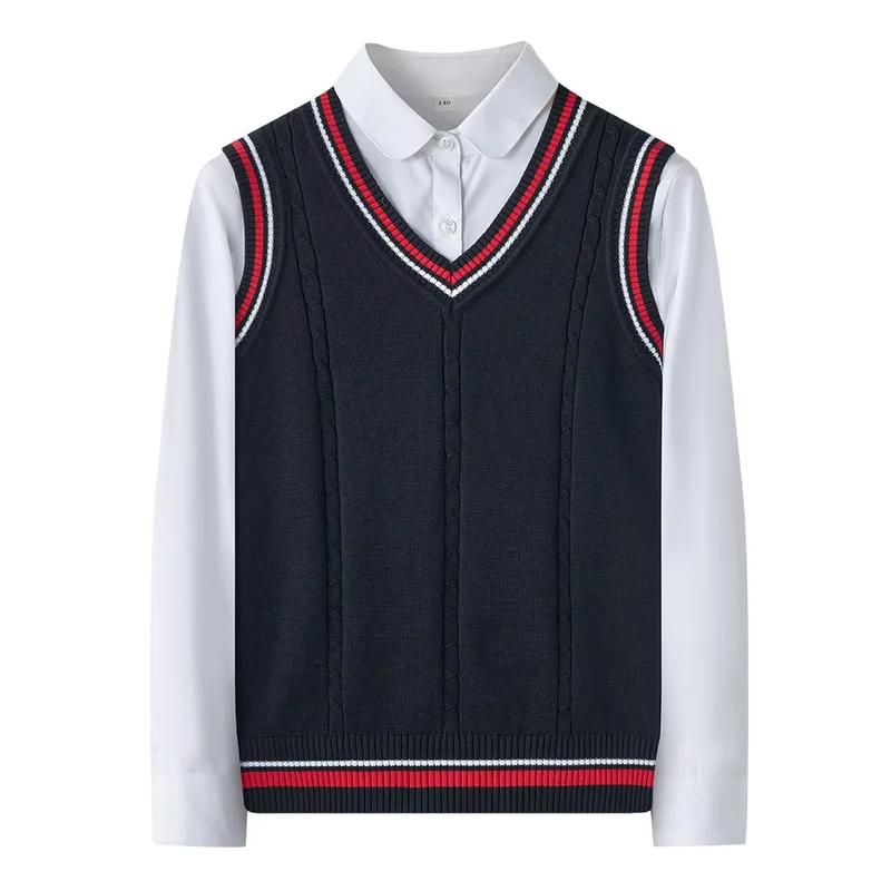 Custom-Logo-Unisex-School-Uniform-Sweater-Vest-V-Neck-Knitted-with-Cotton-Material-Grey-Navy-Blue-Color-for-Children