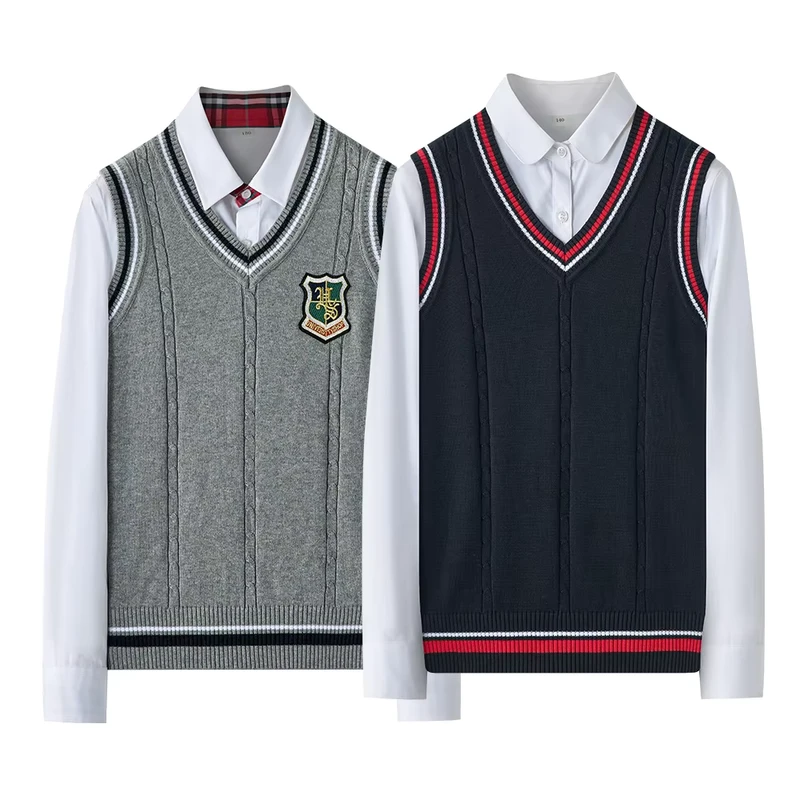 Custom-Logo-V-neck-Knitted-Childrens-Unisex-School-Uniform-Sweater-Vest-in-Grey-Navy-Blue-Color