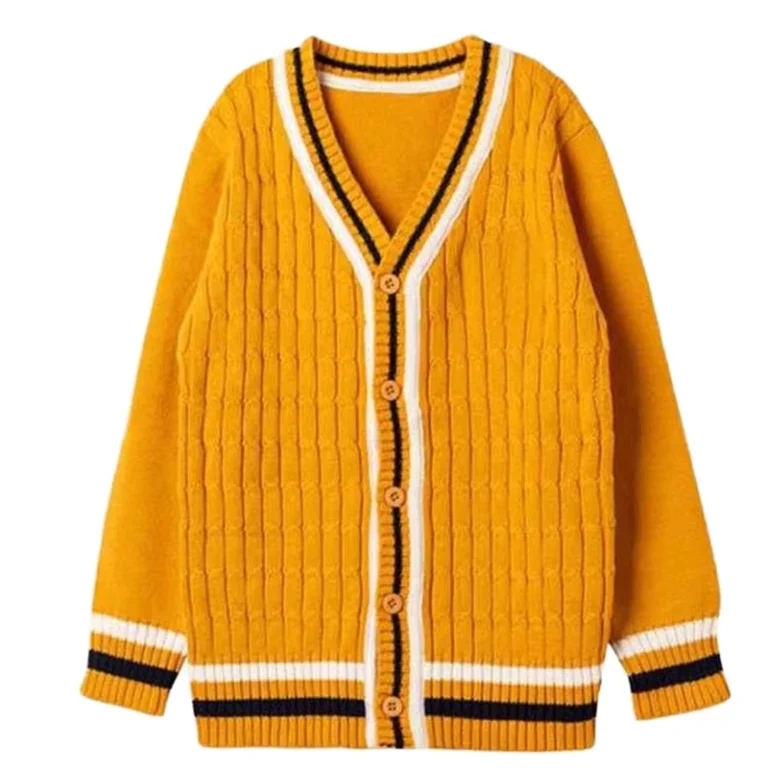 Custom-Logo-Varsity-Cardigan-Women-V-Neck-Striped-Trim-7GG-Chunky-Wool-Acrylic-Preppy-Sorority-Knitwear-Cardigan